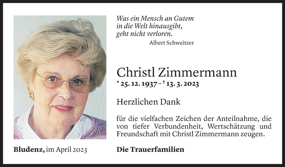 Todesanzeige für Christl Zimmermann vom 21.04.2023 aus Vorarlberger Nachrichten