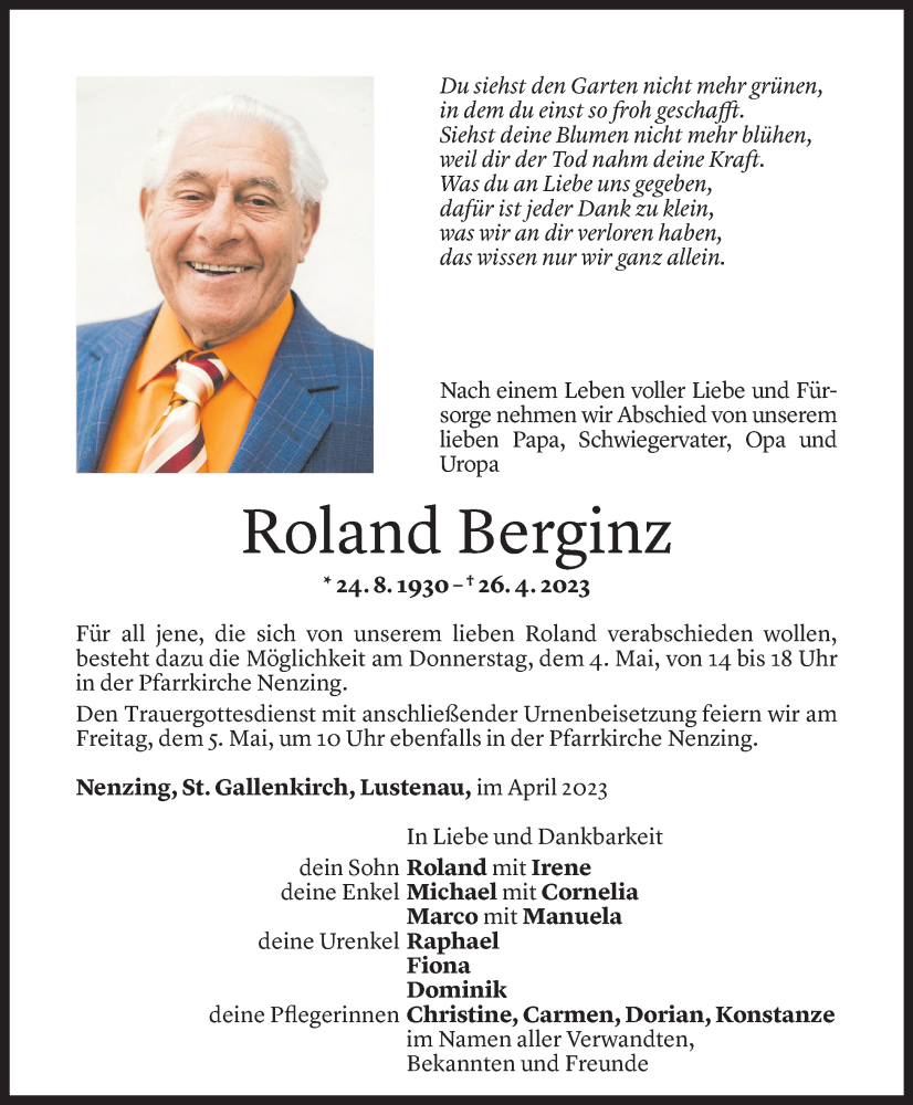  Todesanzeige für Roland Berginz vom 02.05.2023 aus Vorarlberger Nachrichten