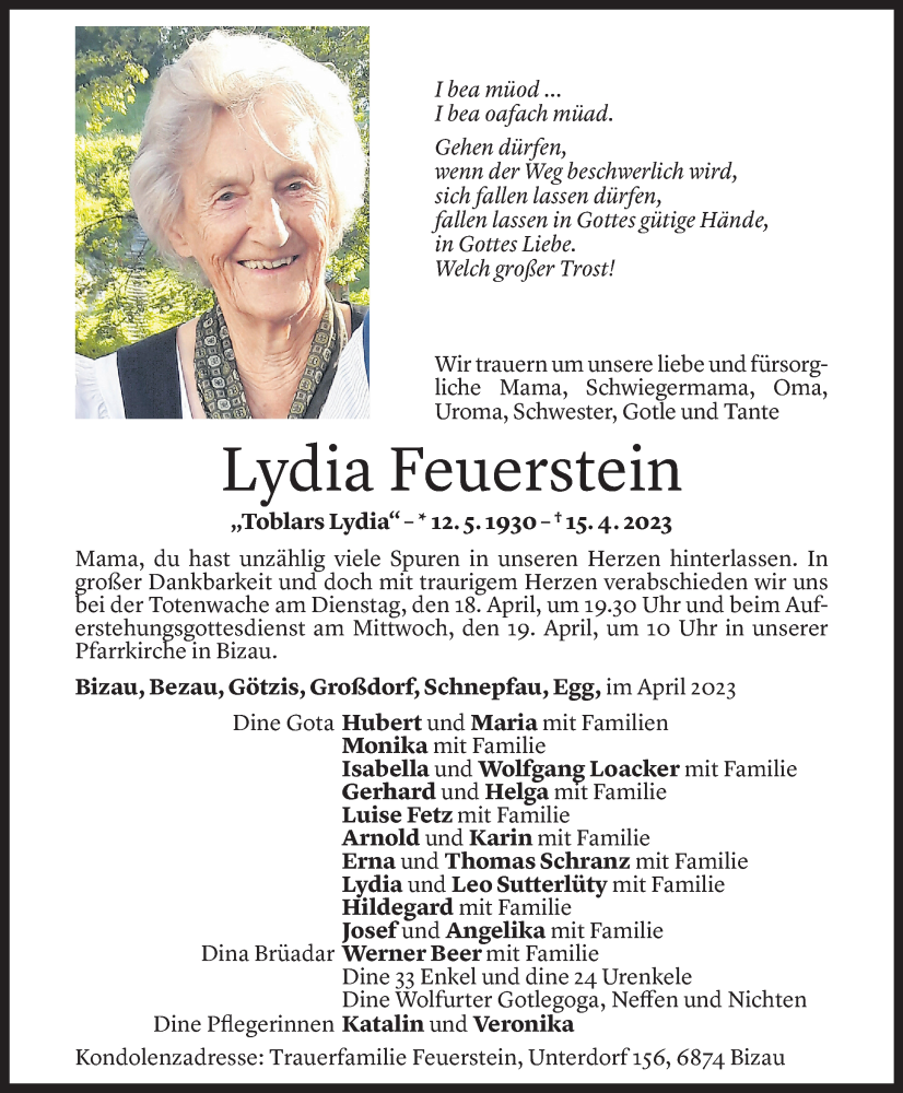  Todesanzeige für Lydia Feuerstein vom 18.04.2023 aus Vorarlberger Nachrichten