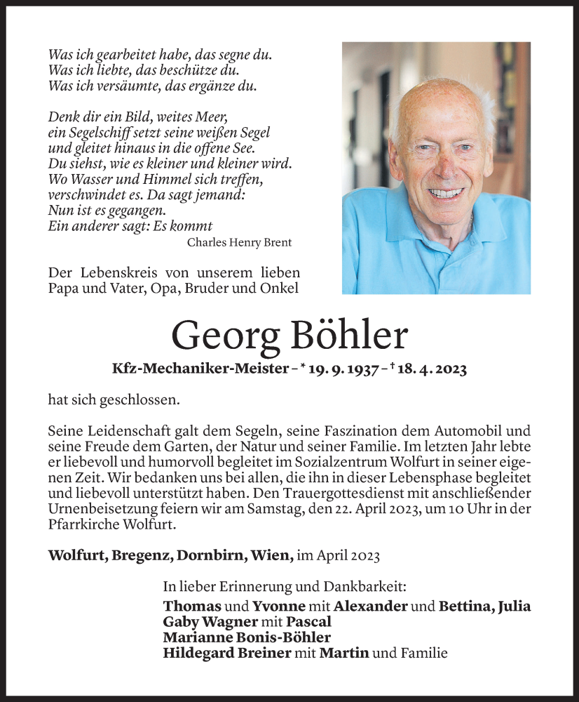  Todesanzeige für Georg Böhler vom 20.04.2023 aus Vorarlberger Nachrichten