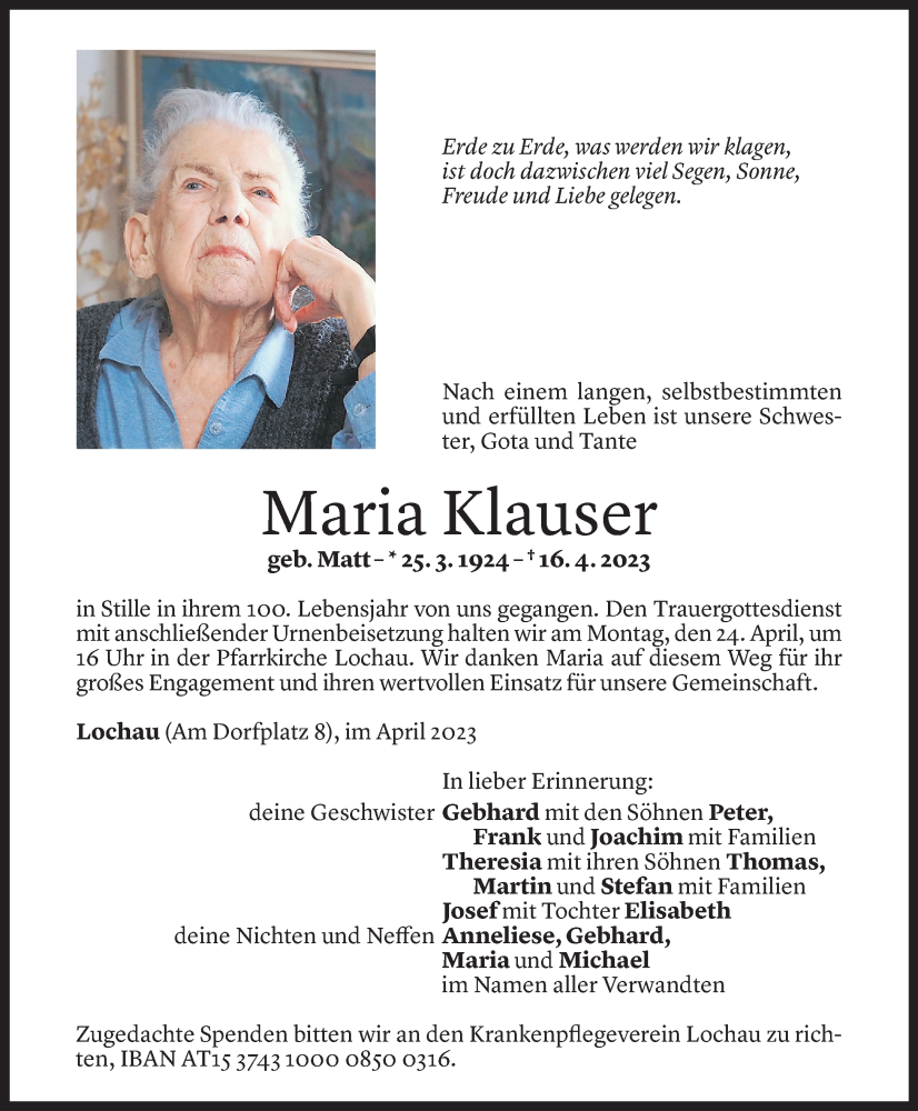  Todesanzeige für Maria Klauser vom 20.04.2023 aus Vorarlberger Nachrichten