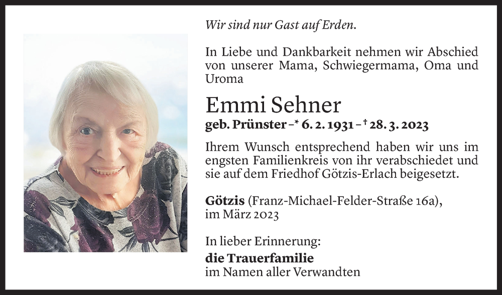  Todesanzeige für Emmi Sehner vom 05.04.2023 aus Vorarlberger Nachrichten