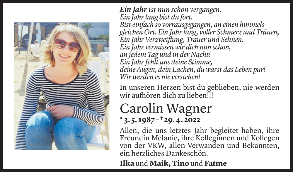  Todesanzeige für Carolin Wagner vom 28.04.2023 aus Vorarlberger Nachrichten