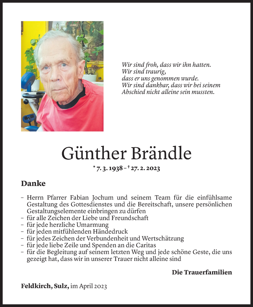  Todesanzeige für Günther Brändle vom 21.04.2023 aus Vorarlberger Nachrichten
