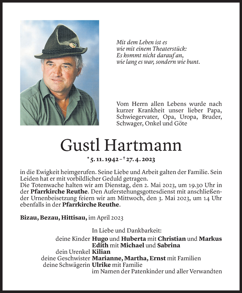  Todesanzeige für Gustl Hartmann vom 28.04.2023 aus Vorarlberger Nachrichten