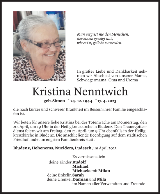 Todesanzeige von Kristina Nenntwich von Vorarlberger Nachrichten