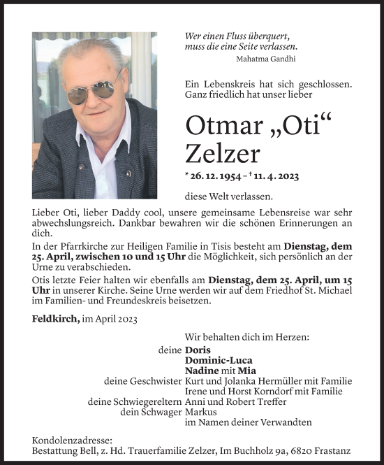 Todesanzeige von Otmar Zelzer von Vorarlberger Nachrichten