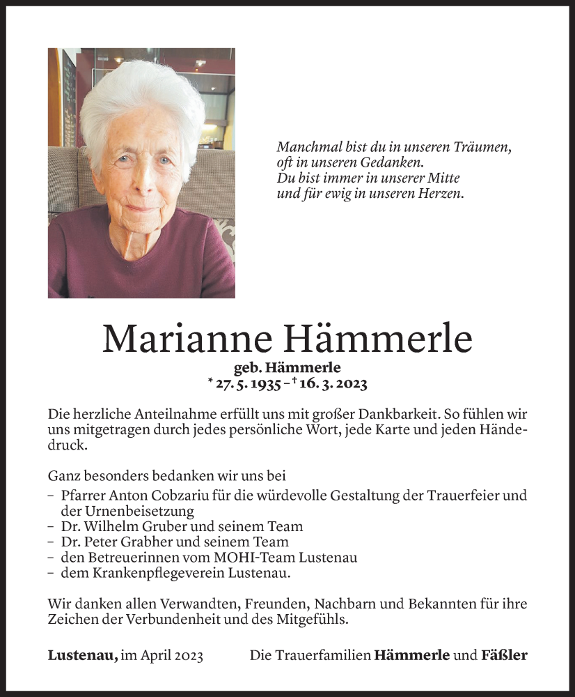 Todesanzeige für Marianne Hämmerle vom 19.04.2023 aus Vorarlberger Nachrichten