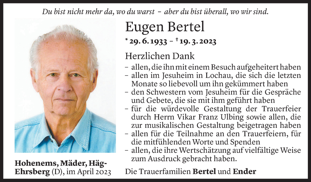  Todesanzeige für Eugen Bertel vom 28.04.2023 aus Vorarlberger Nachrichten