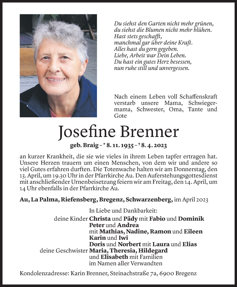  Todesanzeige für Josefine Brenner vom 12.04.2023 aus Vorarlberger Nachrichten