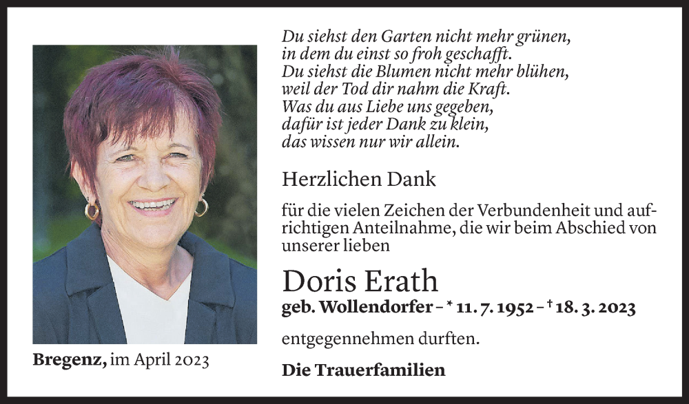  Todesanzeige für Doris Erath vom 28.04.2023 aus Vorarlberger Nachrichten