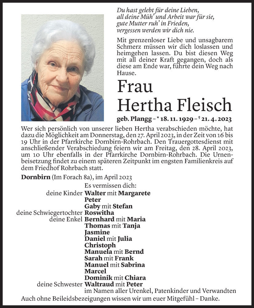  Todesanzeige für Herta Fleisch vom 25.04.2023 aus Vorarlberger Nachrichten