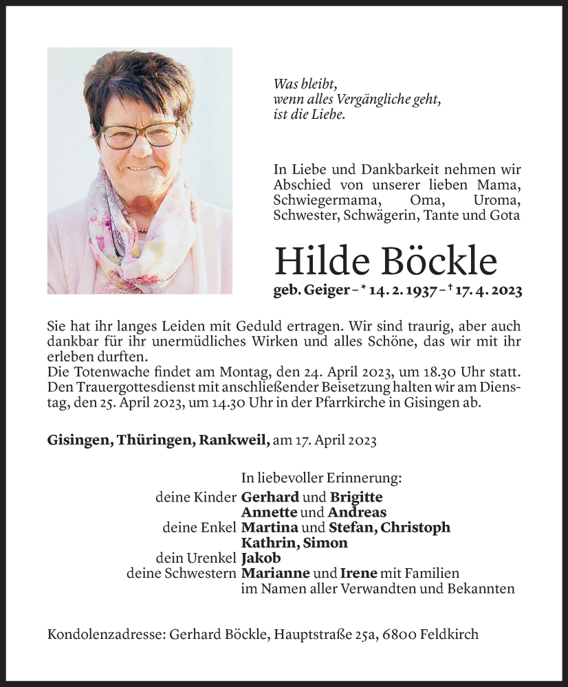  Todesanzeige für Hilde Böckle vom 21.04.2023 aus Vorarlberger Nachrichten