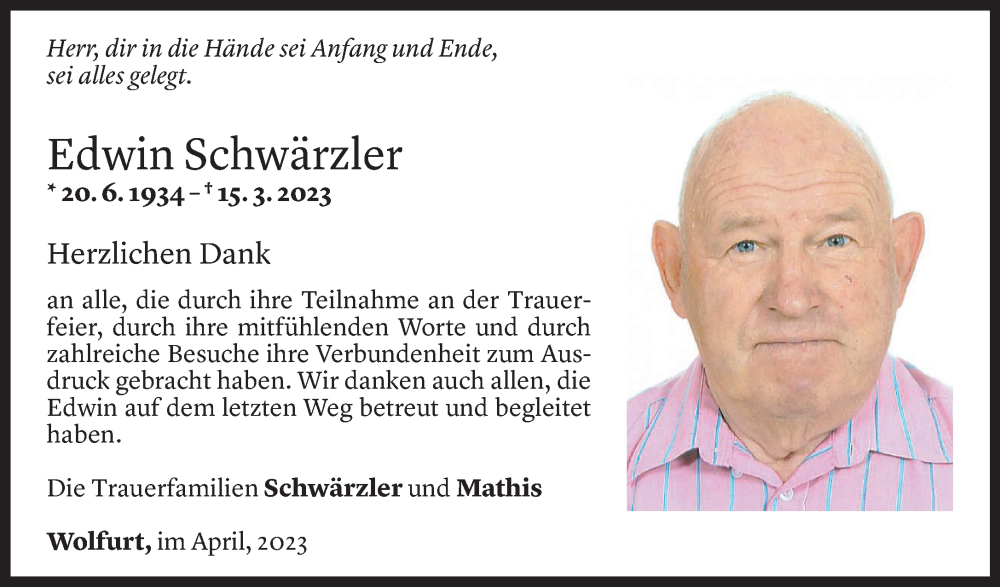  Todesanzeige für Edwin Schwärzler vom 07.04.2023 aus Vorarlberger Nachrichten