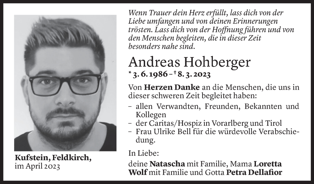  Todesanzeige für Andreas Hohberger vom 07.04.2023 aus Vorarlberger Nachrichten