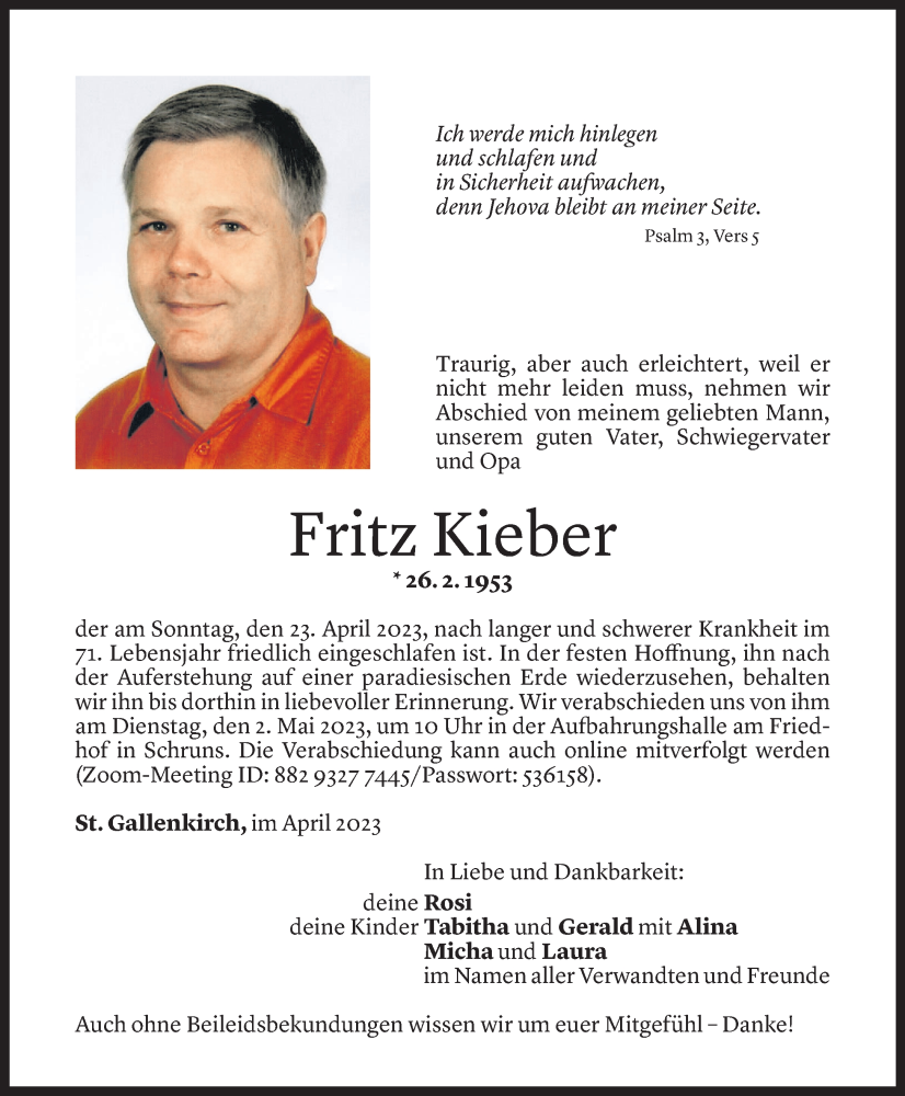  Todesanzeige für Fritz Kieber vom 27.04.2023 aus Vorarlberger Nachrichten
