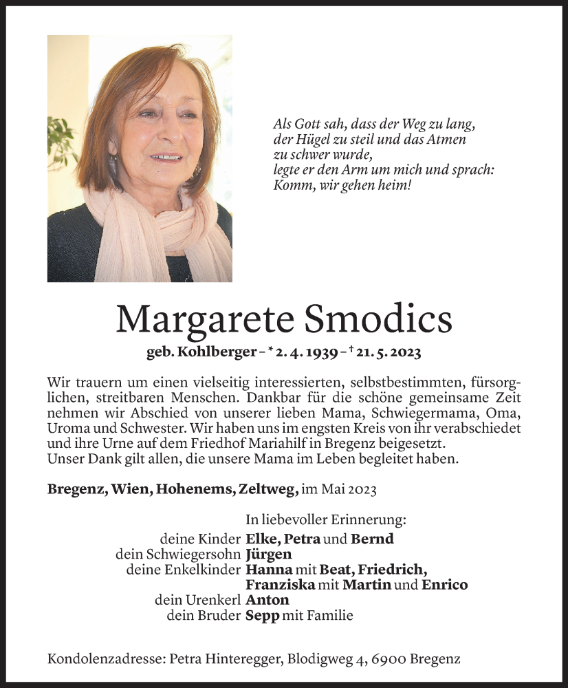  Todesanzeige für Margarete Smodics vom 03.06.2023 aus Vorarlberger Nachrichten
