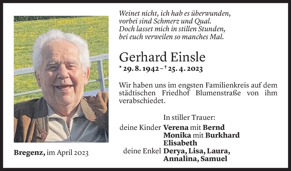  Todesanzeige für Gerhard Einsle vom 11.05.2023 aus Vorarlberger Nachrichten