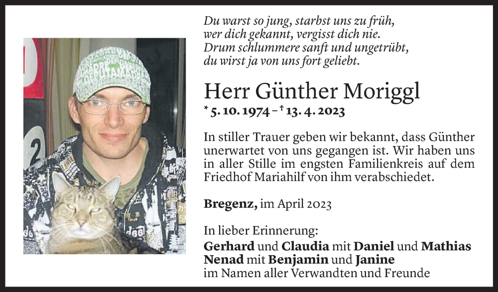  Todesanzeige für Günther Moriggl vom 08.05.2023 aus Vorarlberger Nachrichten