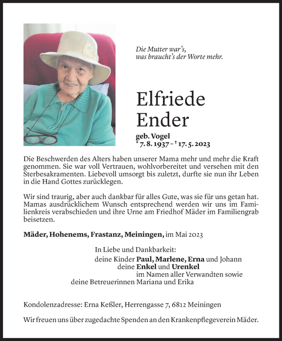 Todesanzeige von Elfriede Ender von Vorarlberger Nachrichten