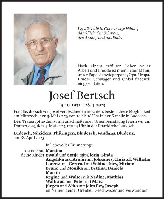 Todesanzeige von Josef Bertsch von Vorarlberger Nachrichten