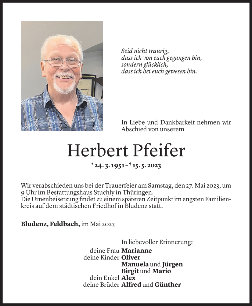  Todesanzeige für Herbert Pfeifer vom 23.05.2023 aus Vorarlberger Nachrichten