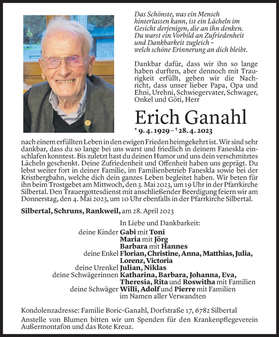 Todesanzeige von Erich Ganahl von Vorarlberger Nachrichten