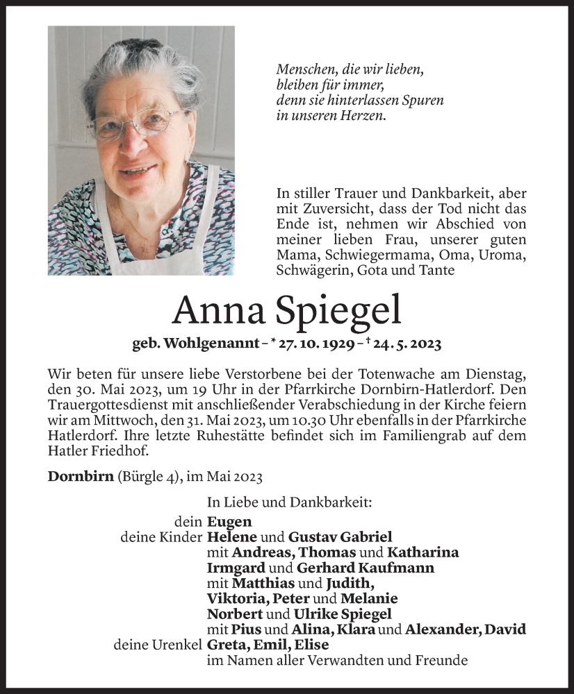  Todesanzeige für Anna Spiegel vom 26.05.2023 aus vorarlberger nachrichten