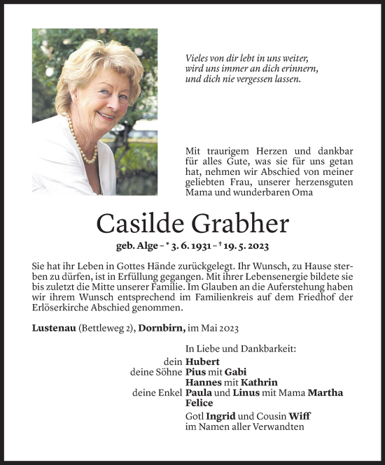 Todesanzeige von Casilde Grabher von Vorarlberger Nachrichten