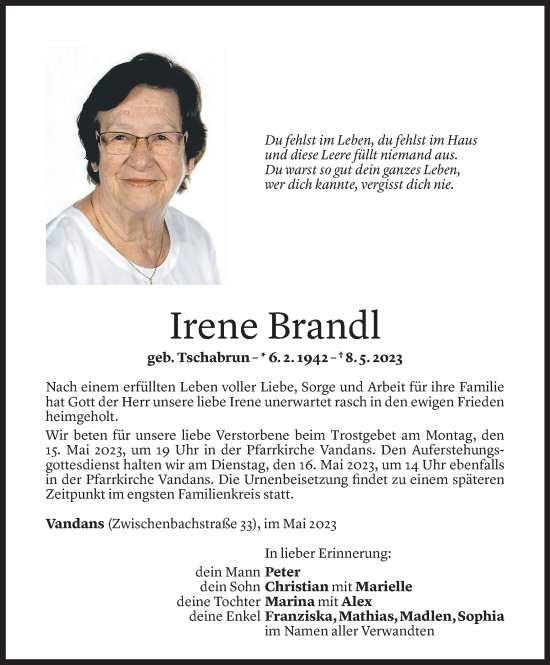 Todesanzeige von Irene Brandl von Vorarlberger Nachrichten