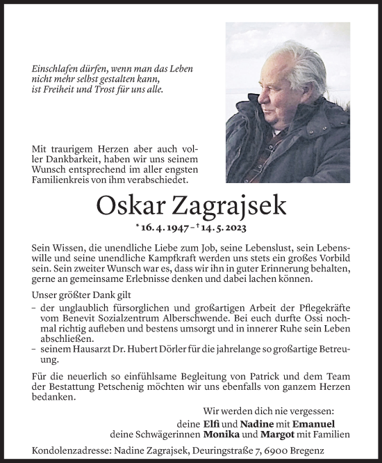 Todesanzeige von Oskar Zagrajsek von Vorarlberger Nachrichten