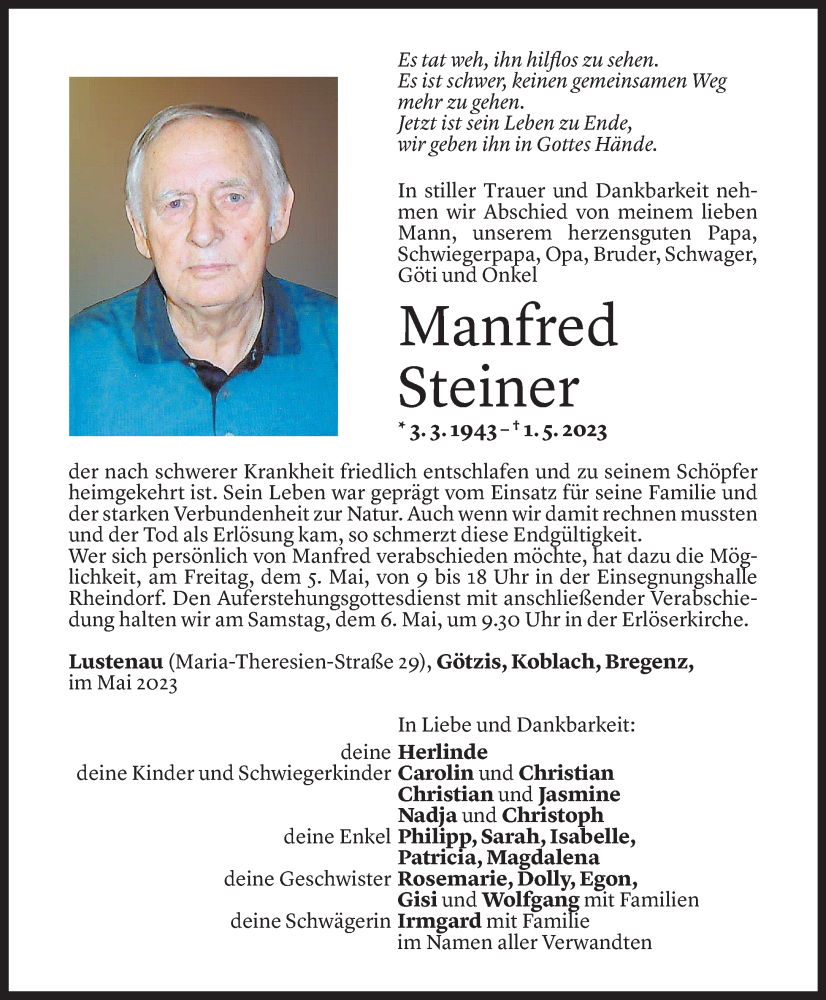  Todesanzeige für Manfred Steiner vom 03.05.2023 aus Vorarlberger Nachrichten