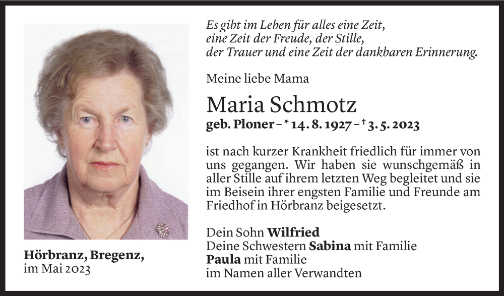  Todesanzeige für Maria Schmotz vom 11.05.2023 aus Vorarlberger Nachrichten