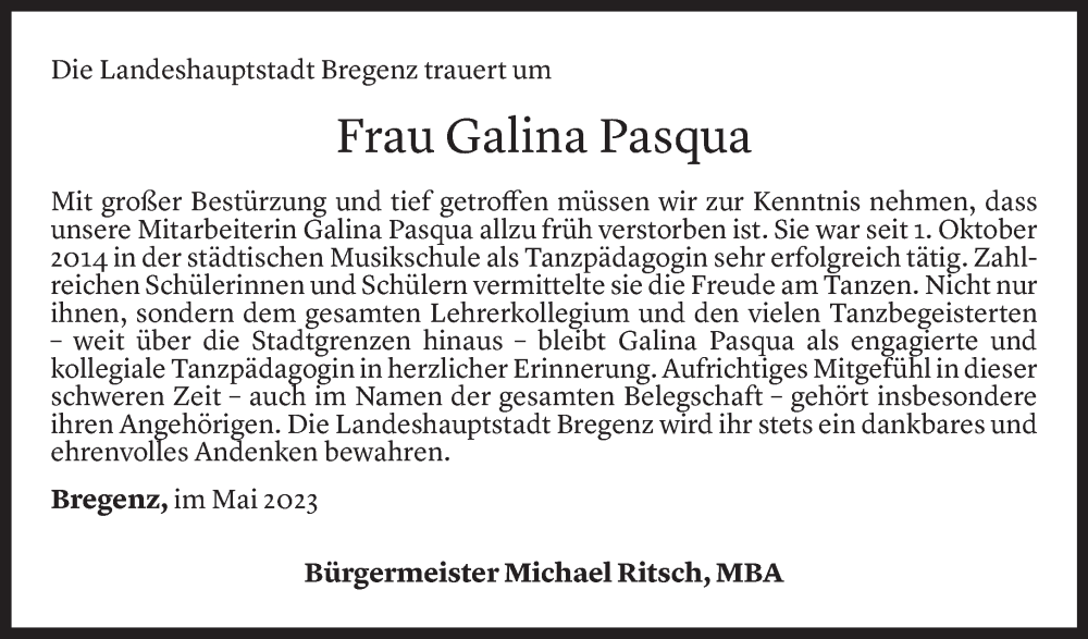 Todesanzeige für Gala Pasqua vom 18.05.2023 aus Vorarlberger Nachrichten