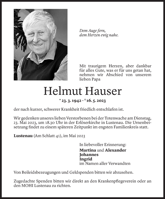 Todesanzeige von Helmut Hauser von Vorarlberger Nachrichten