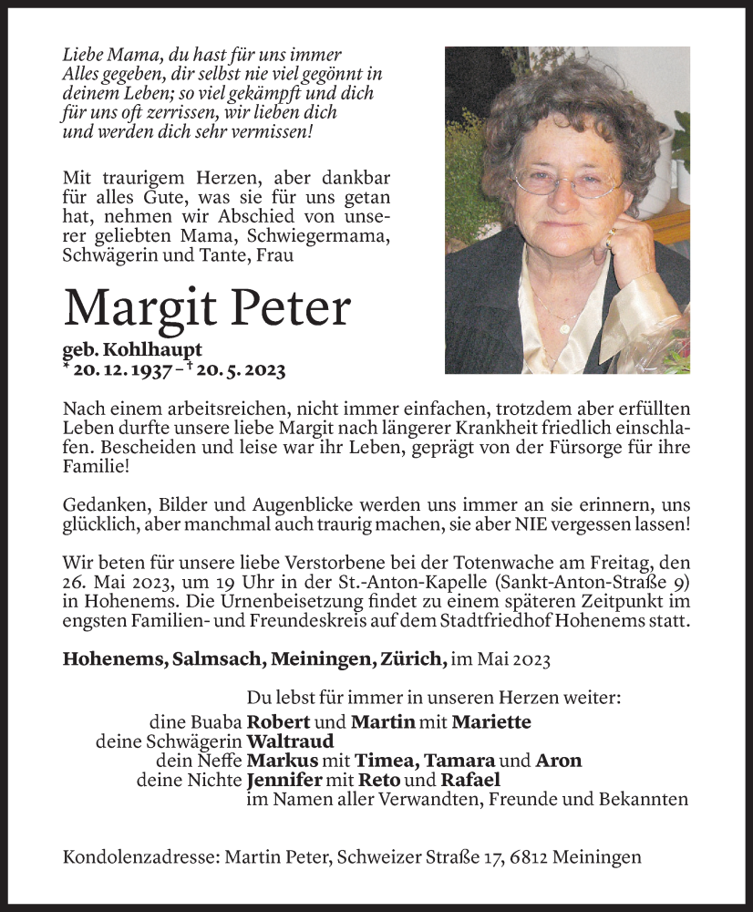  Todesanzeige für Margit Peter vom 24.05.2023 aus Vorarlberger Nachrichten
