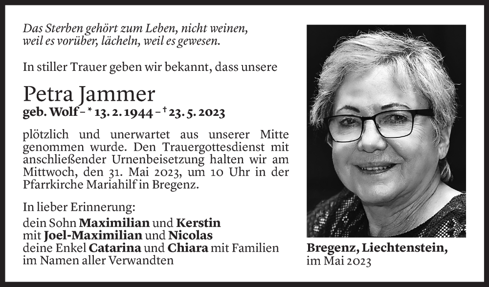  Todesanzeige für Petra Jammer vom 26.05.2023 aus Vorarlberger Nachrichten
