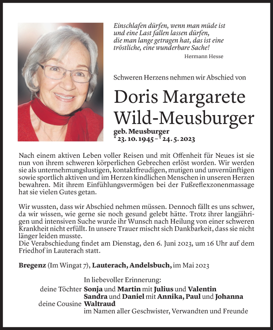 Todesanzeige von Doris Margarete Wild-Meusburger von vorarlberger nachrichten