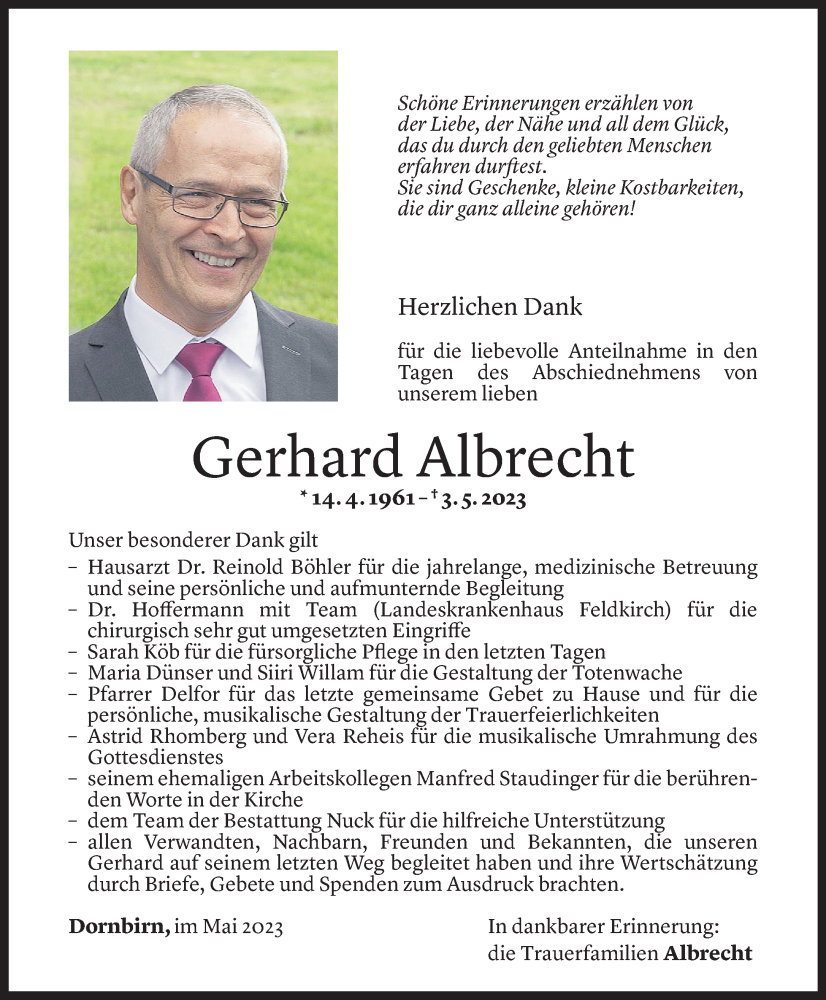  Todesanzeige für Gerhard Albrecht vom 26.05.2023 aus vorarlberger nachrichten