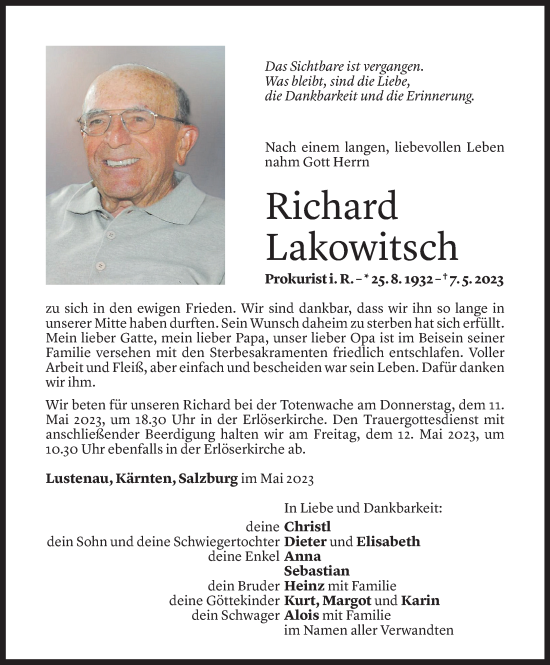 Todesanzeige von Richard Lakowitsch von Vorarlberger Nachrichten