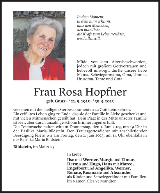 Todesanzeige von Rosa Hopfner von Vorarlberger Nachrichten