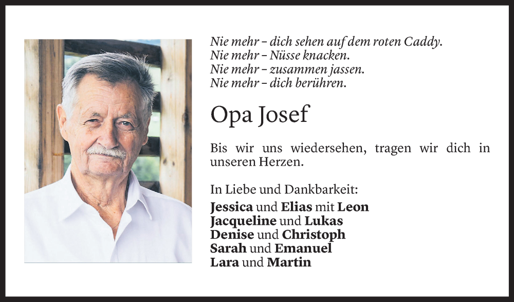  Todesanzeige für Josef Schneider vom 03.05.2023 aus Vorarlberger Nachrichten