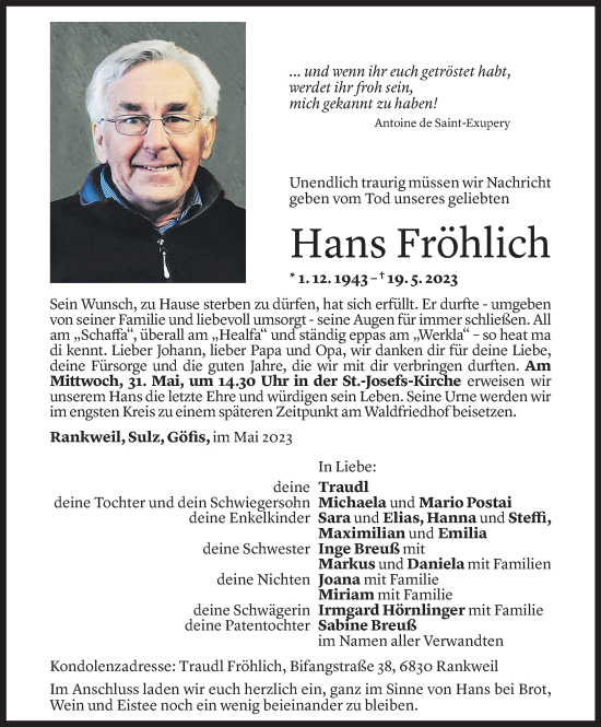Todesanzeige von Hans Fröhlich von Vorarlberger Nachrichten