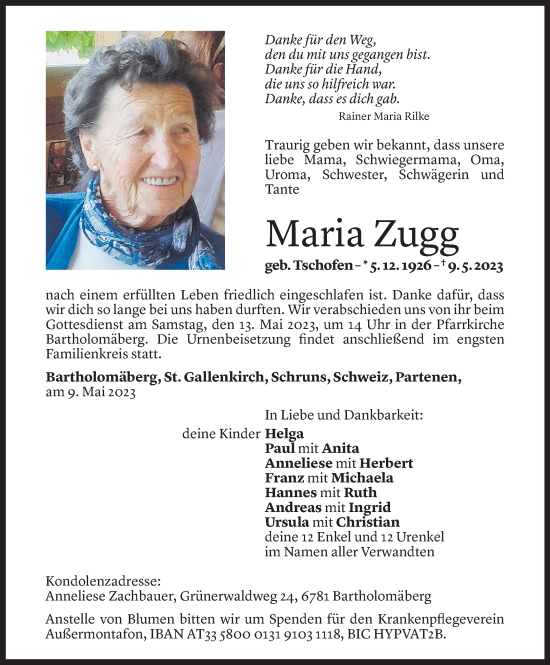 Todesanzeige von Maria Zugg von Vorarlberger Nachrichten