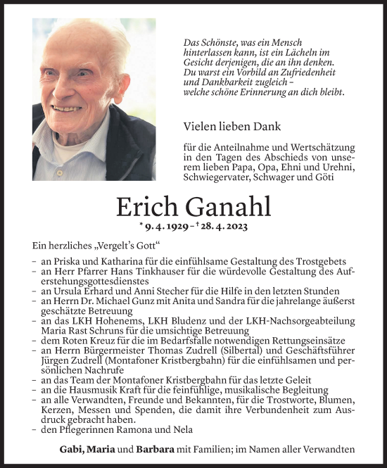 Todesanzeige von Erich Ganahl von Vorarlberger Nachrichten