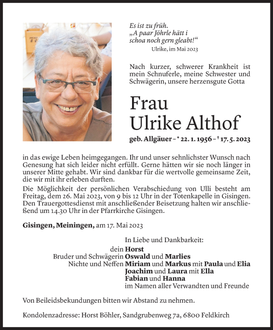 Todesanzeige von Ulrike Althof von Vorarlberger Nachrichten