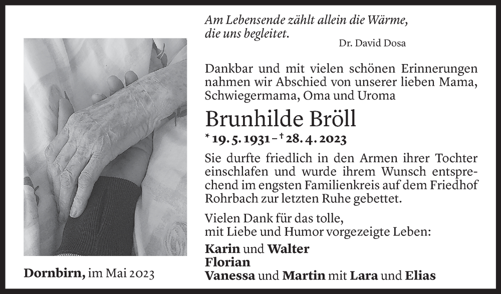  Todesanzeige für Brunhilde Bröll vom 12.05.2023 aus Vorarlberger Nachrichten