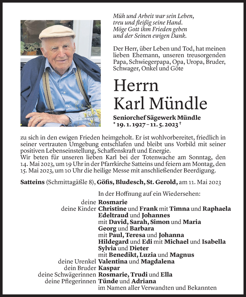  Todesanzeige für Karl Mündle vom 12.05.2023 aus Vorarlberger Nachrichten