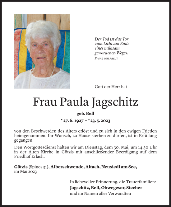 Todesanzeige von Paula Jagschitz von Vorarlberger Nachrichten