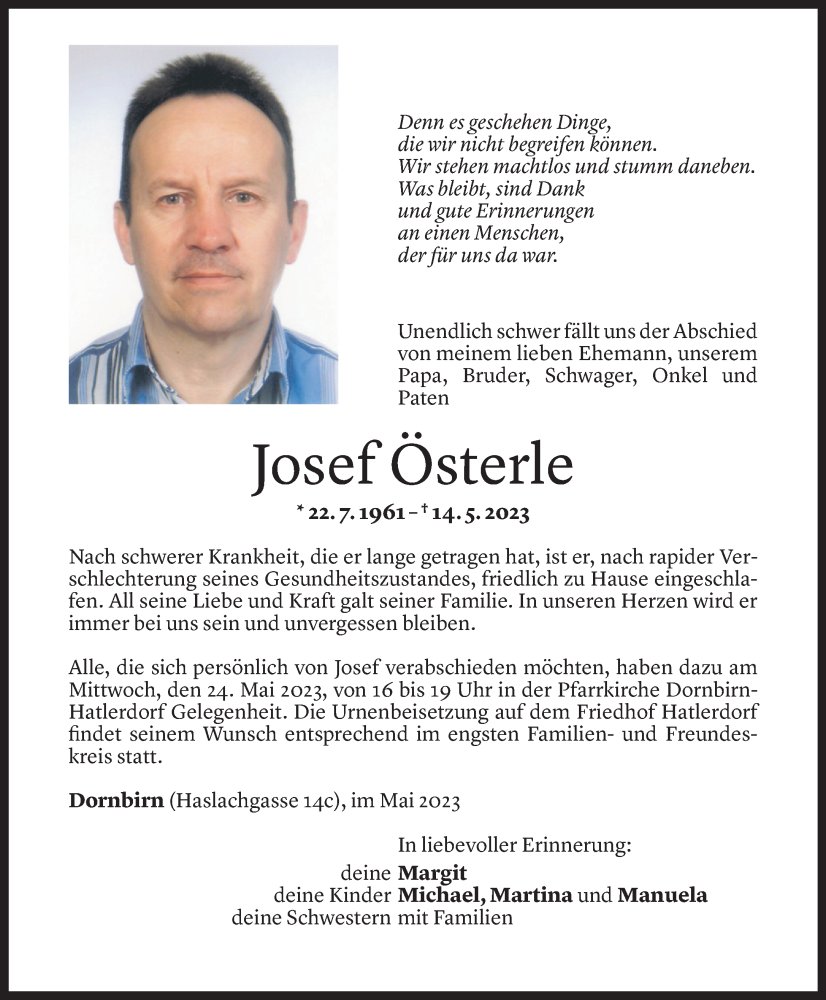  Todesanzeige für Josef Österle vom 19.05.2023 aus Vorarlberger Nachrichten